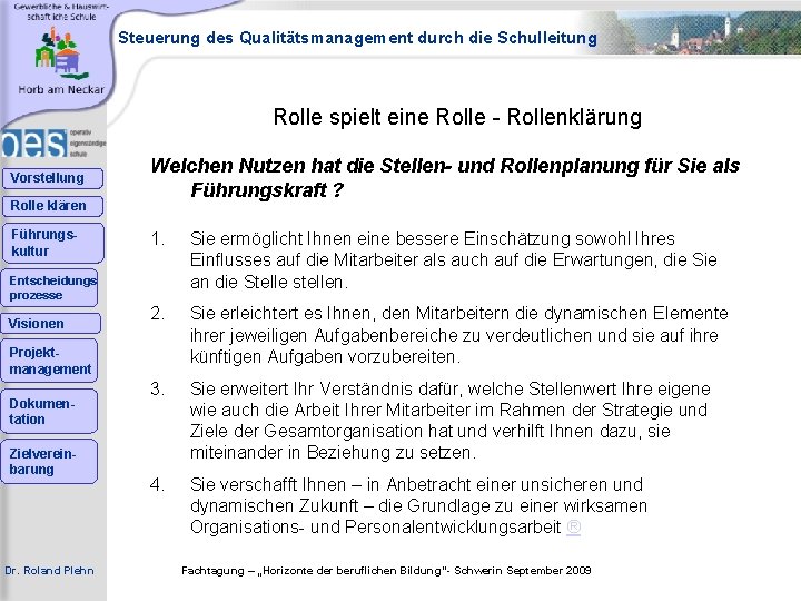 Steuerung des Qualitätsmanagement durch die Schulleitung Rolle spielt eine Rolle - Rollenklärung Vorstellung Rolle