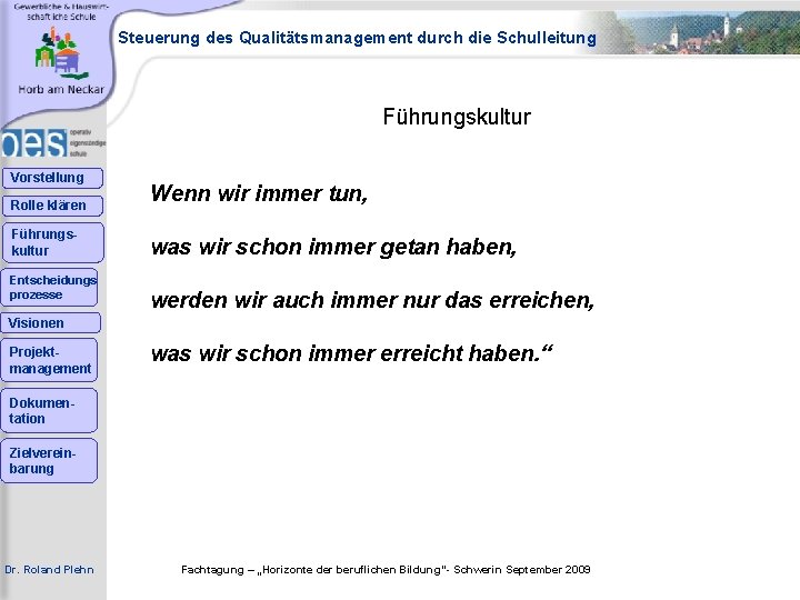 Steuerung des Qualitätsmanagement durch die Schulleitung Führungskultur Vorstellung Rolle klären Führungskultur Entscheidungs prozesse Wenn