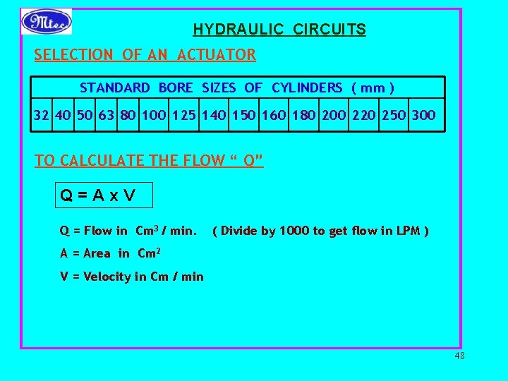 HYDRAULIC CIRCUITS SELECTION OF AN ACTUATOR STANDARD BORE SIZES OF CYLINDERS ( mm )