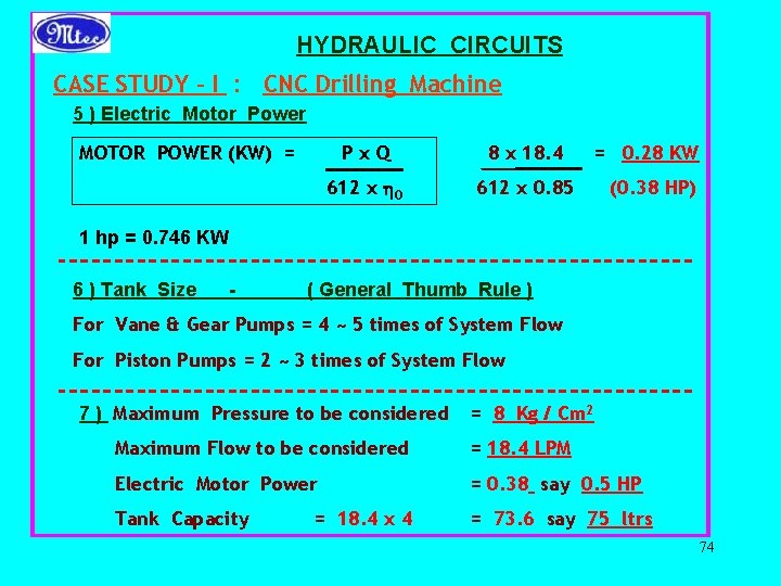 HYDRAULIC CIRCUITS CASE STUDY – I : CNC Drilling Machine 5 ) Electric Motor