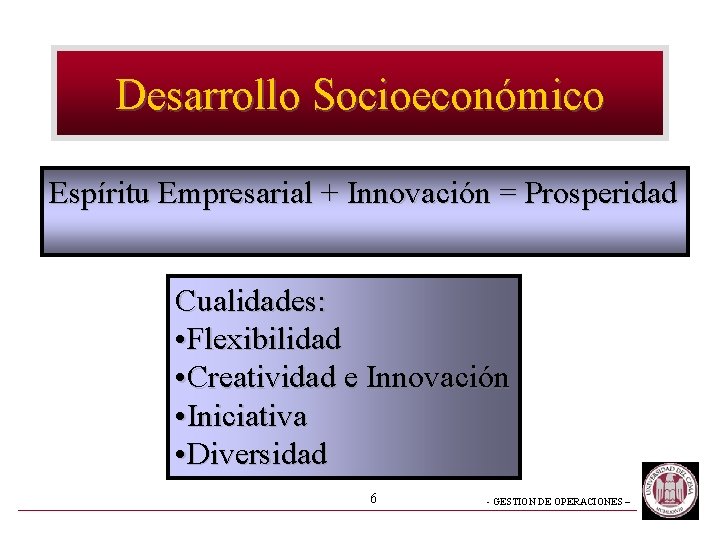 Desarrollo Socioeconómico Espíritu Empresarial + Innovación = Prosperidad Cualidades: • Flexibilidad • Creatividad e