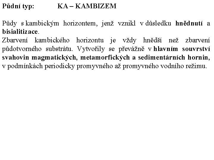 Půdní typ: KA – KAMBIZEM Půdy s kambickým horizontem, jenž vznikl v důsledku hnědnutí