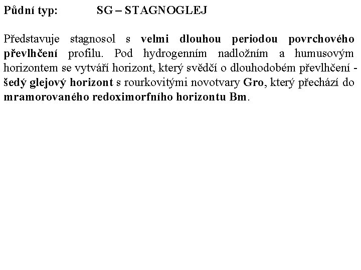 Půdní typ: SG – STAGNOGLEJ Představuje stagnosol s velmi dlouhou periodou povrchového převlhčení profilu. Půdní typ: SG – STAGNOGLEJ Představuje stagnosol s velmi dlouhou periodou povrchového převlhčení profilu.