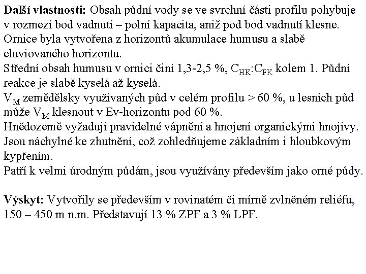 Další vlastnosti: Obsah půdní vody se ve svrchní části profilu pohybuje v rozmezí bod