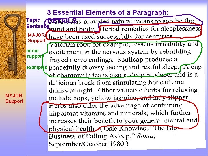 3 Essential Elements of a Paragraph: DETAILS Topic Sentence MAJOR Support minor support examples