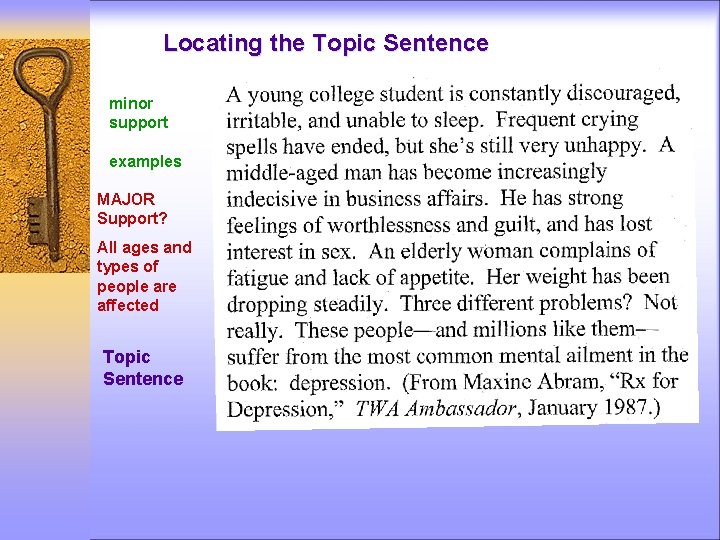 Locating the Topic Sentence minor support examples MAJOR Support? All ages and types of