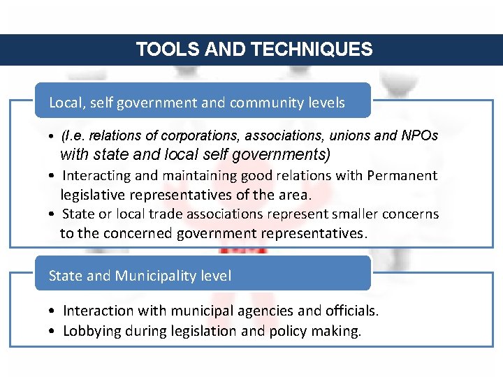 TOOLS AND TECHNIQUES Local, self government and community levels • (I. e. relations of