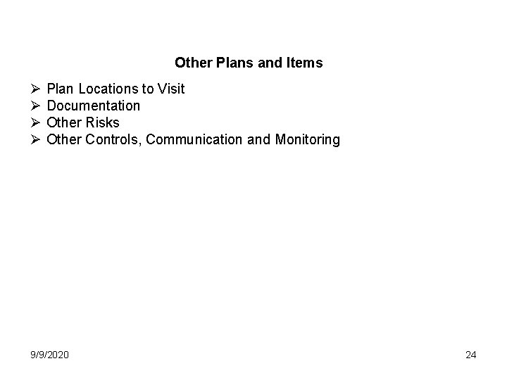Other Plans and Items Ø Plan Locations to Visit Ø Documentation Ø Other Risks