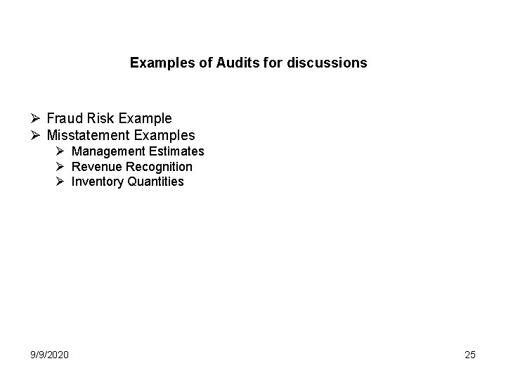 Examples of Audits for discussions Ø Fraud Risk Example Ø Misstatement Examples Ø Management