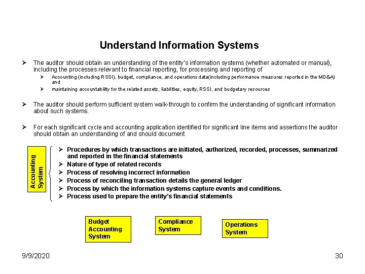 Understand Information Systems Ø The auditor should obtain an understanding of the entity’s information