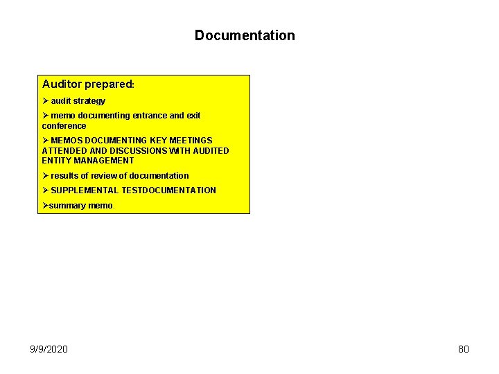 Documentation Auditor prepared: Ø audit strategy Ø memo documenting entrance and exit conference Ø