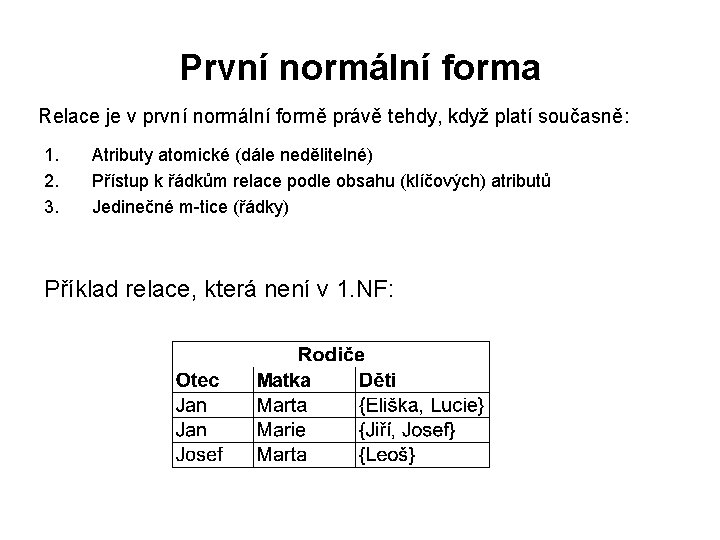 První normální forma Relace je v první normální formě právě tehdy, když platí současně: