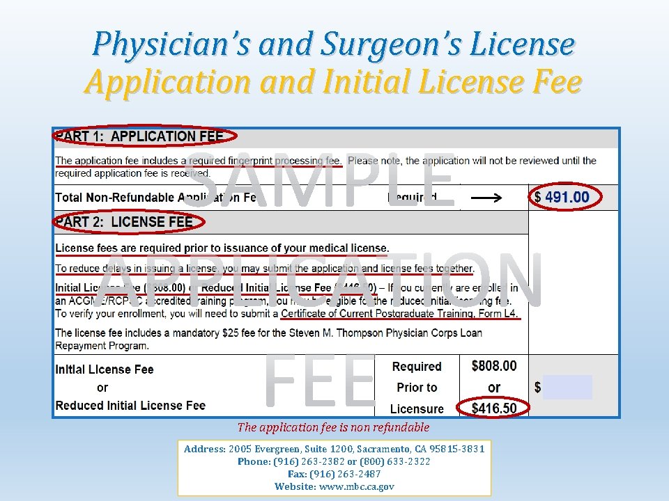 Physician’s and Surgeon’s License Application and Initial License Fee The application fee is non
