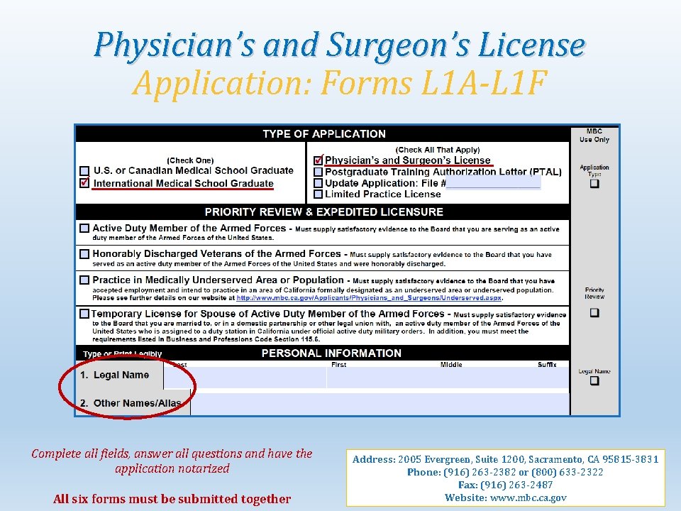 Physician’s and Surgeon’s License Application: Forms L 1 A-L 1 F ✓ ✓ Complete