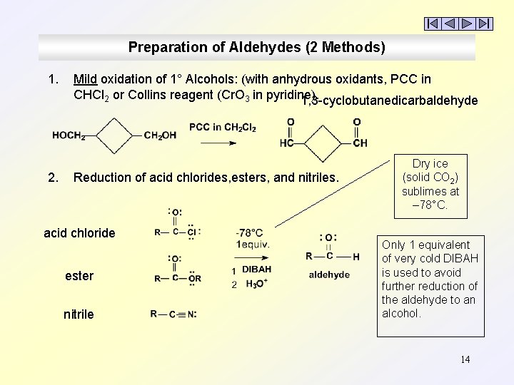 Preparation of Aldehydes (2 Methods) 1. 2. Mild oxidation of 1° Alcohols: (with anhydrous