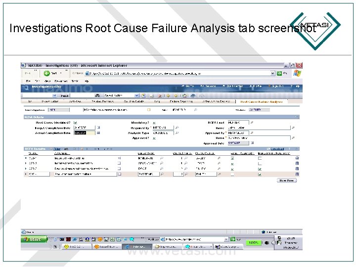 Investigations Root Cause Failure Analysis tab screenshot 