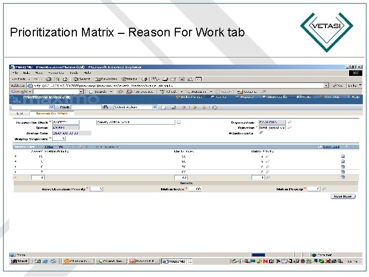 Prioritization Matrix – Reason For Work tab 