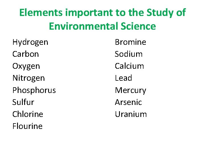 Elements important to the Study of Environmental Science Hydrogen Carbon Oxygen Nitrogen Phosphorus Sulfur