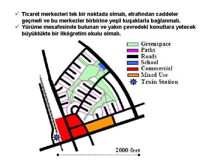 ü Ticaret merkezleri tek bir noktada olmalı, etrafından caddeler geçmeli ve bu merkezler birbirine