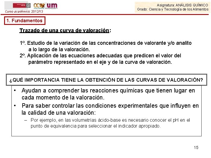 Curso académico: 2012/13 Asignatura: ANÁLISIS QUÍMICO Grado: Ciencia y Tecnología de los Alimentos 1.