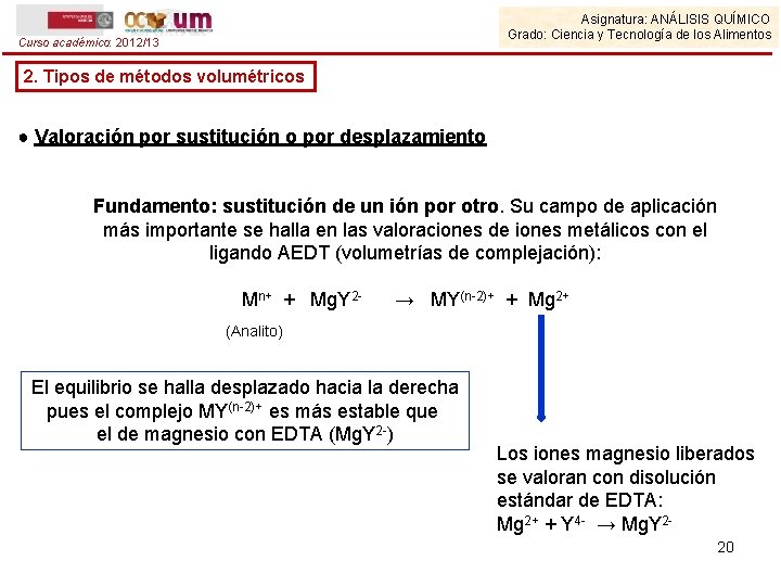 Asignatura: ANÁLISIS QUÍMICO Grado: Ciencia y Tecnología de los Alimentos Curso académico: 2012/13 2.