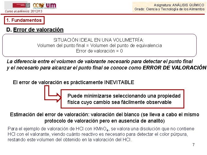 Asignatura: ANÁLISIS QUÍMICO Grado: Ciencia y Tecnología de los Alimentos Curso académico: 2012/13 1.