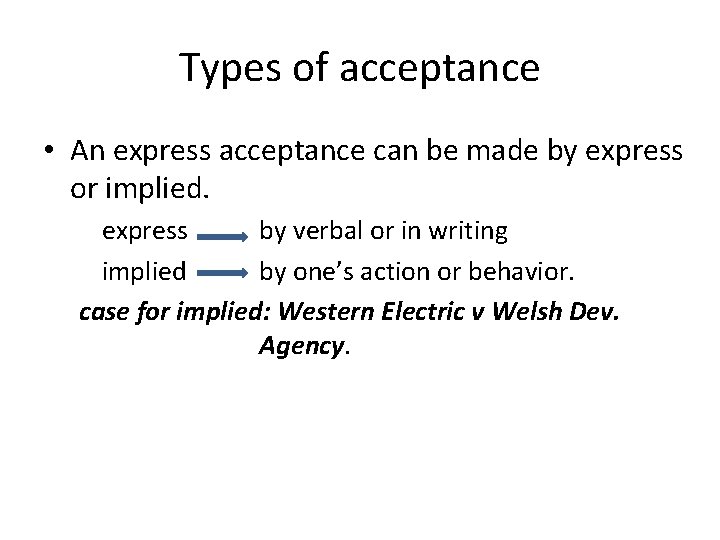 Types of acceptance • An express acceptance can be made by express or implied.