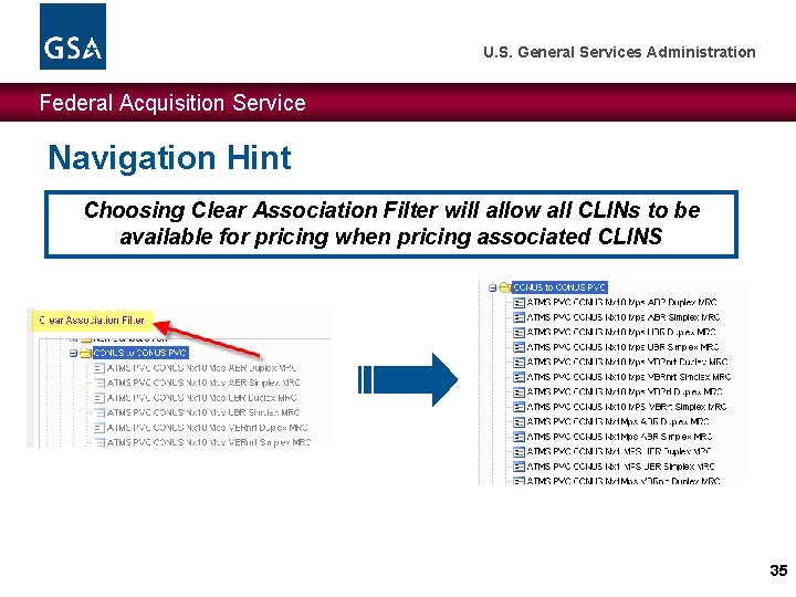 U. S. General Services Administration Federal Acquisition Service Navigation Hint Choosing Clear Association Filter