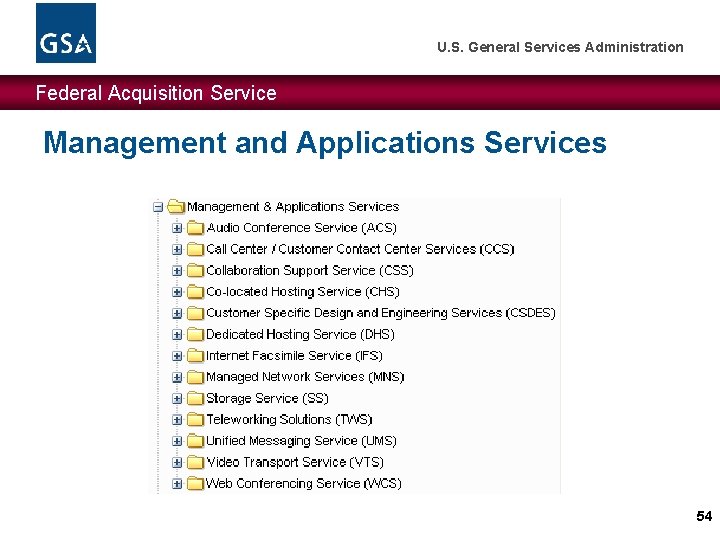 U. S. General Services Administration Federal Acquisition Service Management and Applications Services 54 