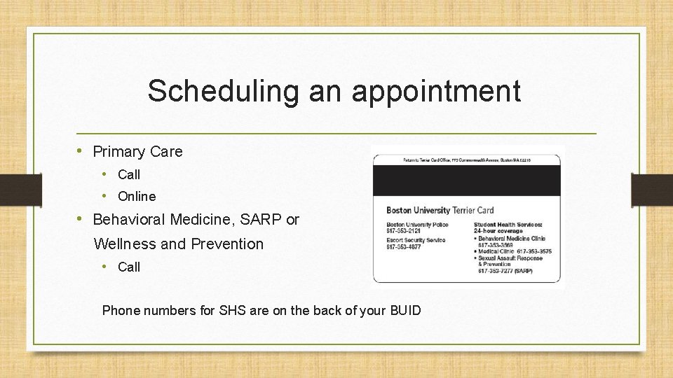 Scheduling an appointment • Primary Care • Call • Online • Behavioral Medicine, SARP