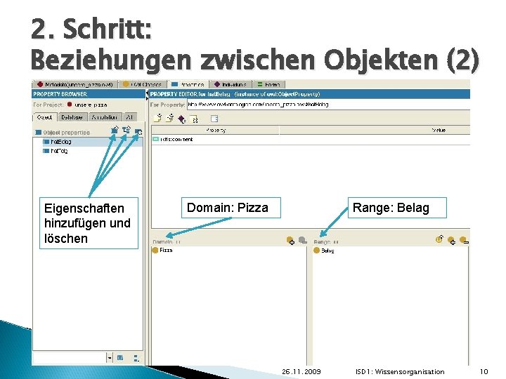 2. Schritt: Beziehungen zwischen Objekten (2) Eigenschaften hinzufügen und löschen Domain: Pizza Range: Belag