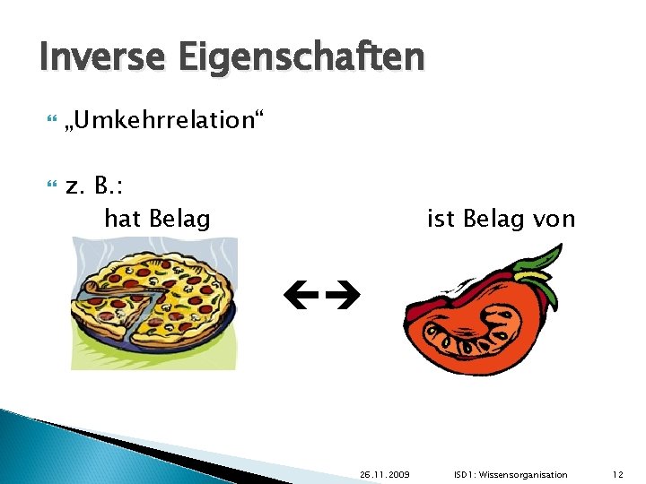 Inverse Eigenschaften „Umkehrrelation“ z. B. : hat Belag ist Belag von 26. 11. 2009