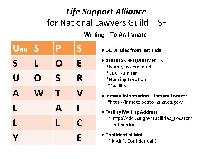 Life Support Alliance for National Lawyers Guild – SF Writing To An Inmate UNU
