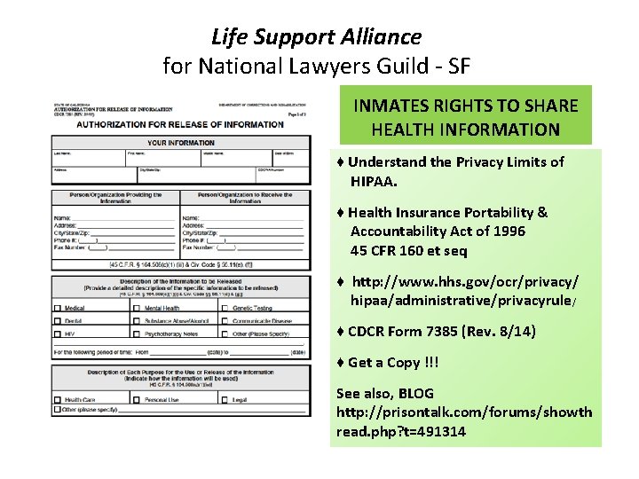 Life Support Alliance for National Lawyers Guild - SF INMATES RIGHTS TO SHARE HEALTH