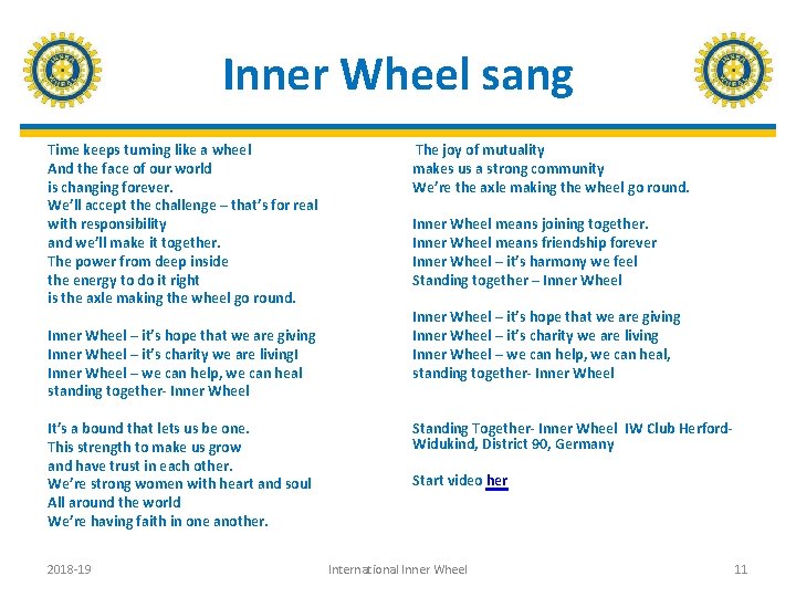 Inner Wheel sang Time keeps turning like a wheel And the face of our