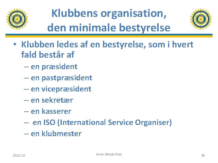 Klubbens organisation, den minimale bestyrelse • Klubben ledes af en bestyrelse, som i hvert