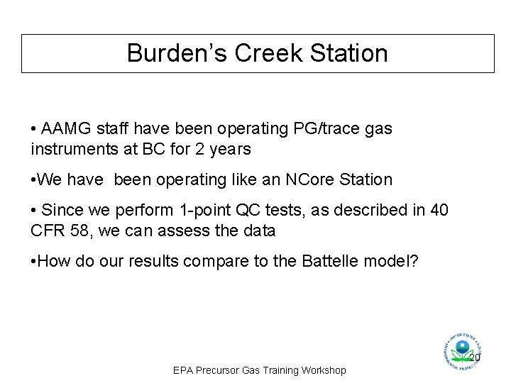 Burden’s Creek Station • AAMG staff have been operating PG/trace gas instruments at BC