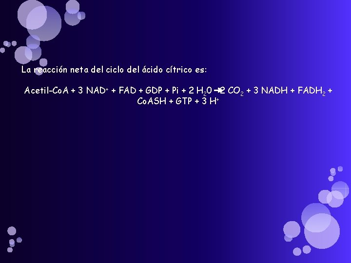 La reacción neta del ciclo del ácido cítrico es: Acetil-Co. A + 3 NAD+