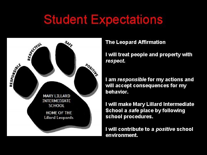 Student Expectations The Leopard Affirmation I will treat people and property with respect. I