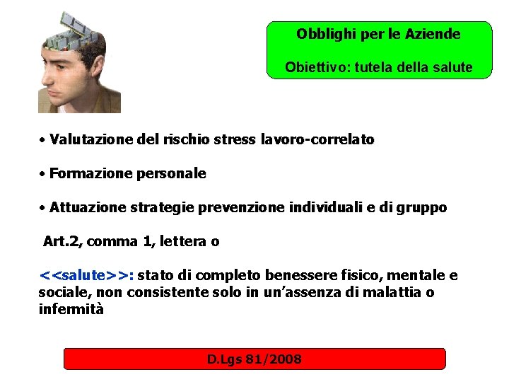 Obblighi per le Aziende Obiettivo: tutela della salute • Valutazione del rischio stress lavoro-correlato