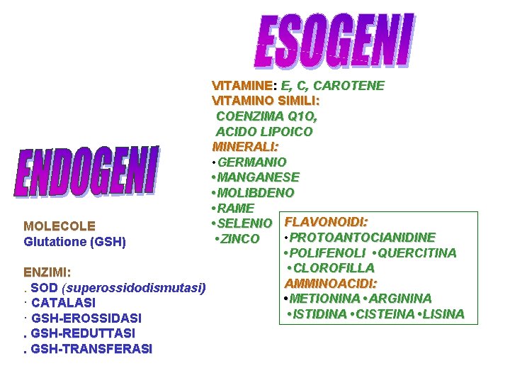 VITAMINE: E, C, CAROTENE VITAMINO SIMILI: COENZIMA Q 1 O, ACIDO LIPOICO MINERALI: •