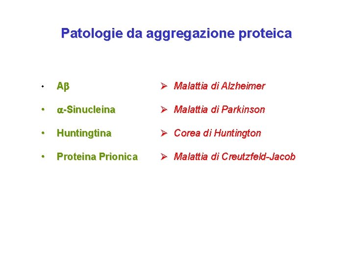 Patologie da aggregazione proteica • A Ø Malattia di Alzheimer • a-Sinucleina Ø Malattia