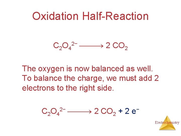 Oxidation Half-Reaction C 2 O 42− 2 CO 2 The oxygen is now balanced