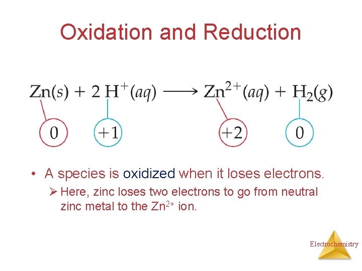 Oxidation and Reduction • A species is oxidized when it loses electrons. Ø Here,