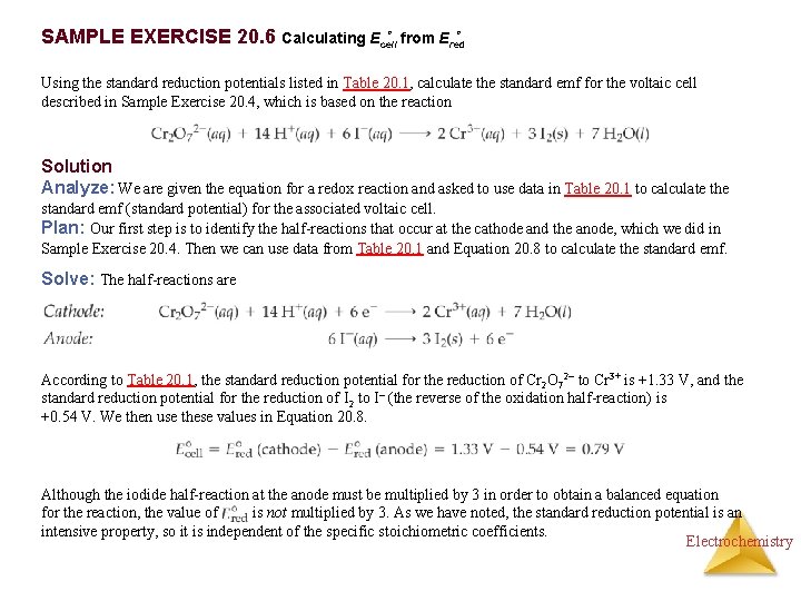 º º SAMPLE EXERCISE 20. 6 Calculating Ecell from Ered Using the standard reduction