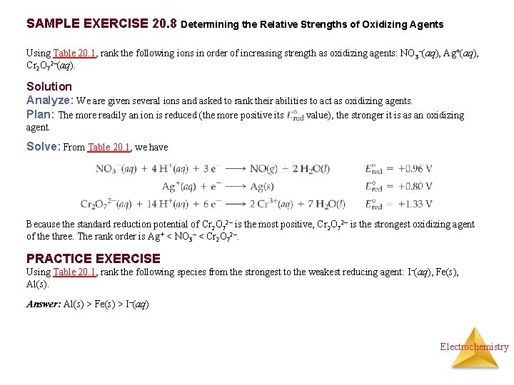 SAMPLE EXERCISE 20. 8 Determining the Relative Strengths of Oxidizing Agents Using Table 20.