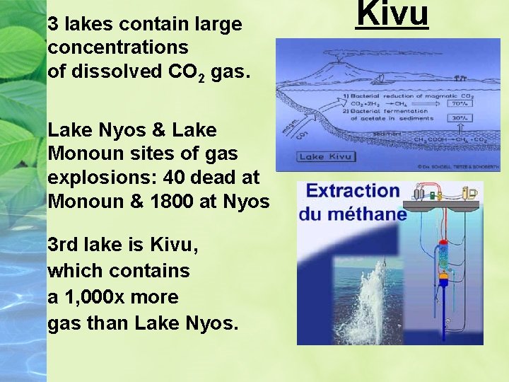 3 lakes contain large concentrations of dissolved CO 2 gas. Lake Nyos & Lake