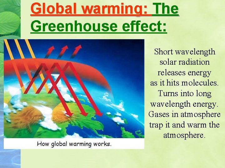 Global warming: The Greenhouse effect: Short wavelength solar radiation releases energy as it hits
