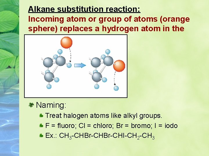 Alkane substitution reaction: Incoming atom or group of atoms (orange sphere) replaces a hydrogen