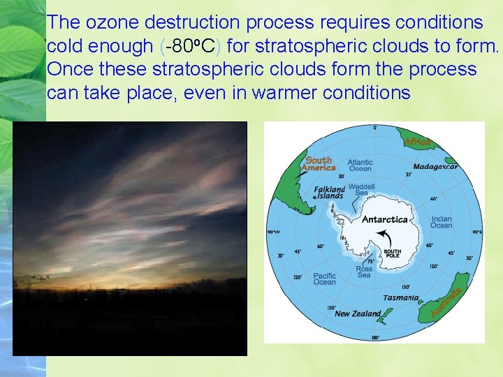 The ozone destruction process requires conditions cold enough (-80 o. C) for stratospheric clouds